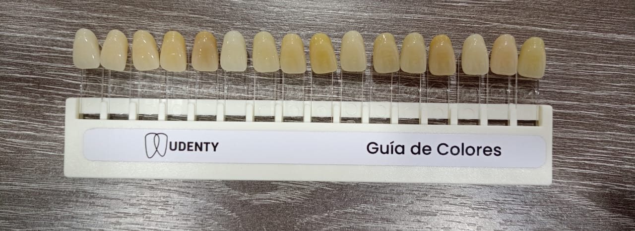 Guía de colores UDENTY® completa con los 16 tonos en fila